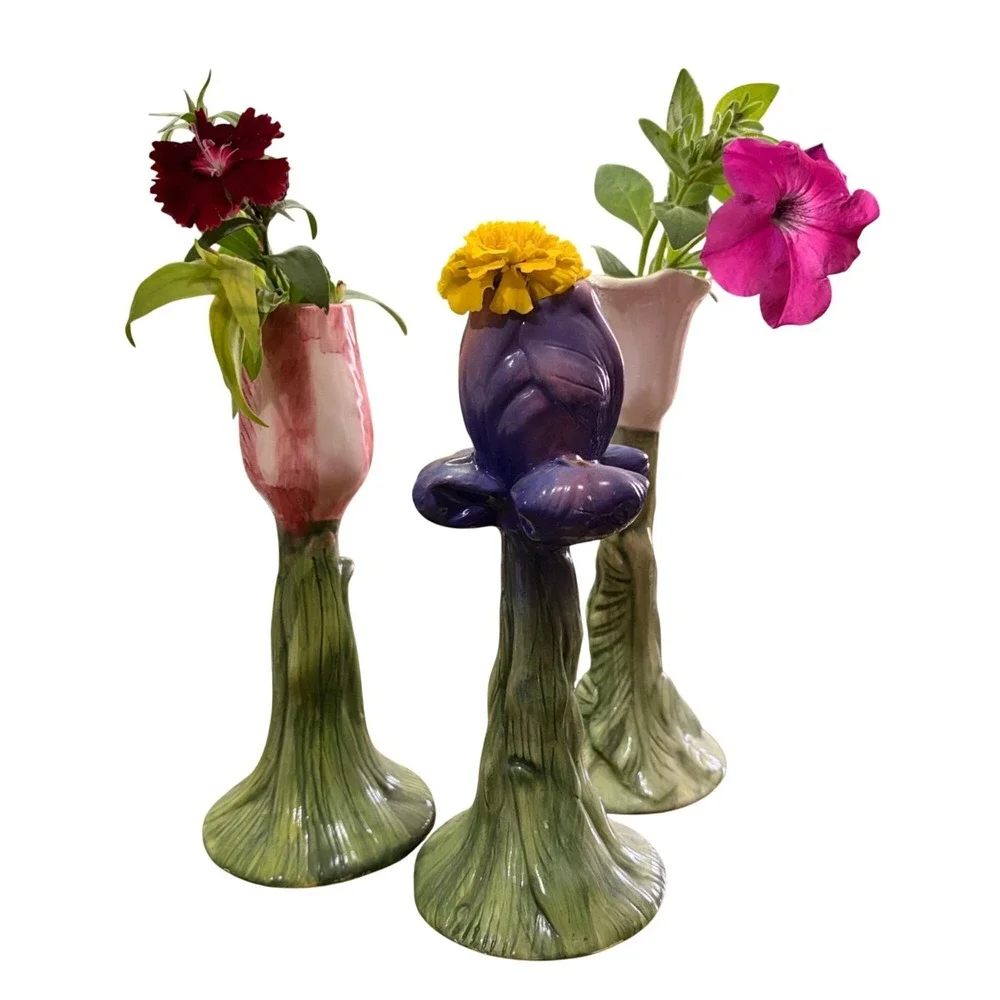 Set of 3 Bud Vases Hand-Painted Ceramic Floral Green Leafy Stems 7.5
